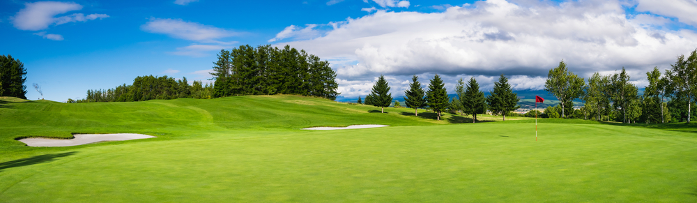 A stunning golf course showcasing immaculate greens and breathtaking vistas.