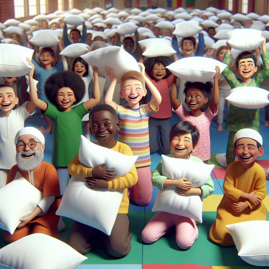 Children receiving donated pillows