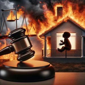 Gavel, burning house, baby silhouette