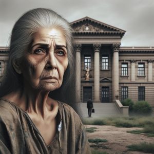 Elderly woman neglected, courthouse background