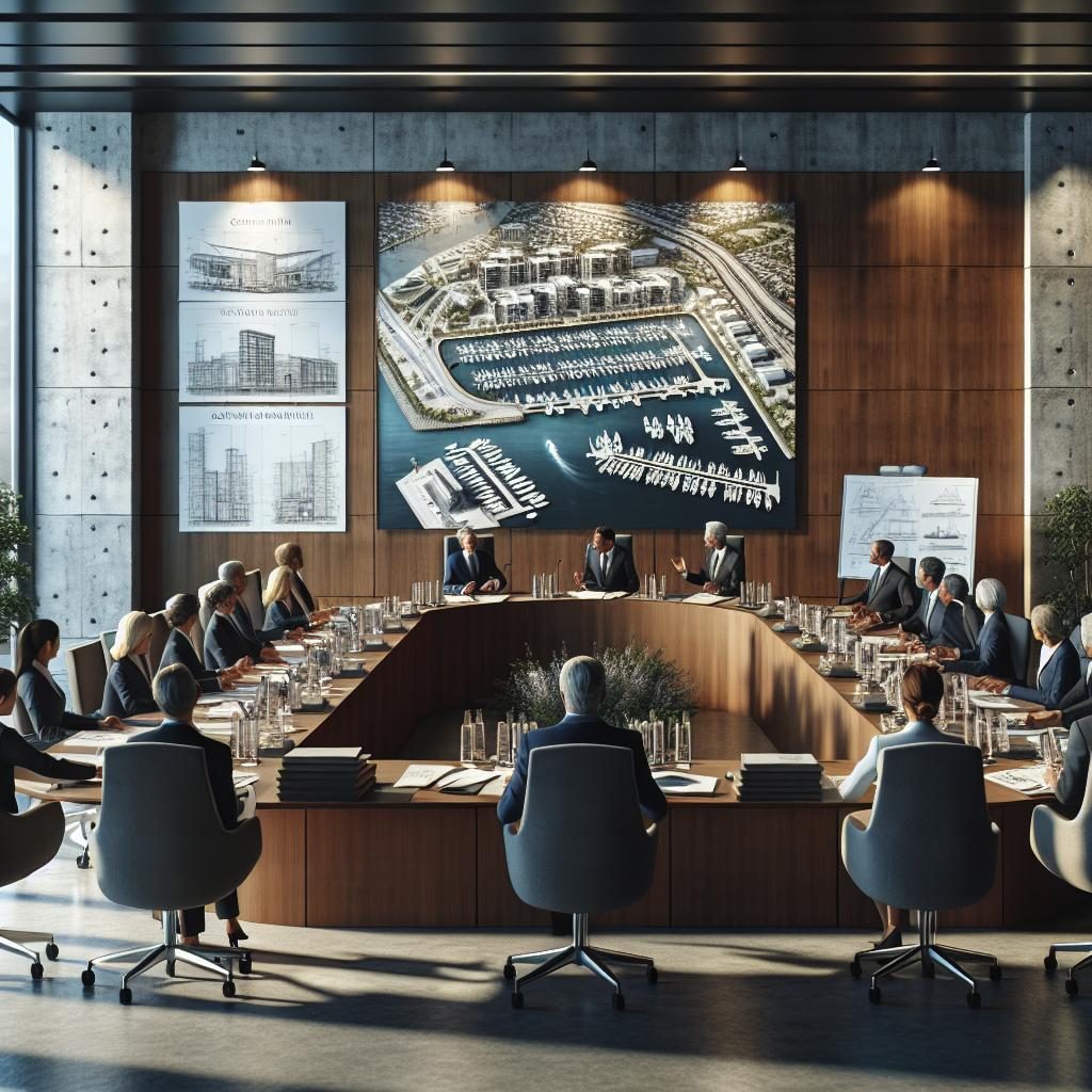 "Council meeting discussing marina development"