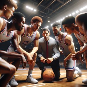 Basketball team strategizing midseason