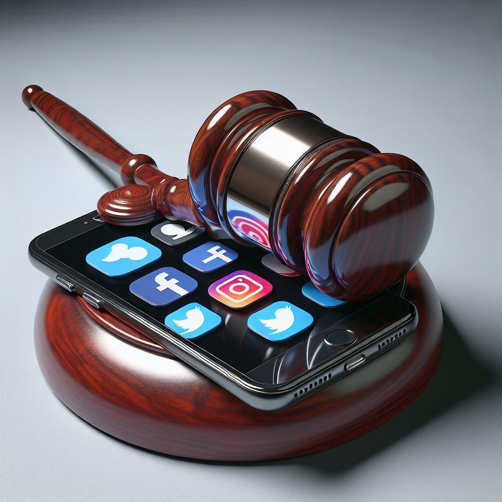 Gavel on smartphone with social media icons