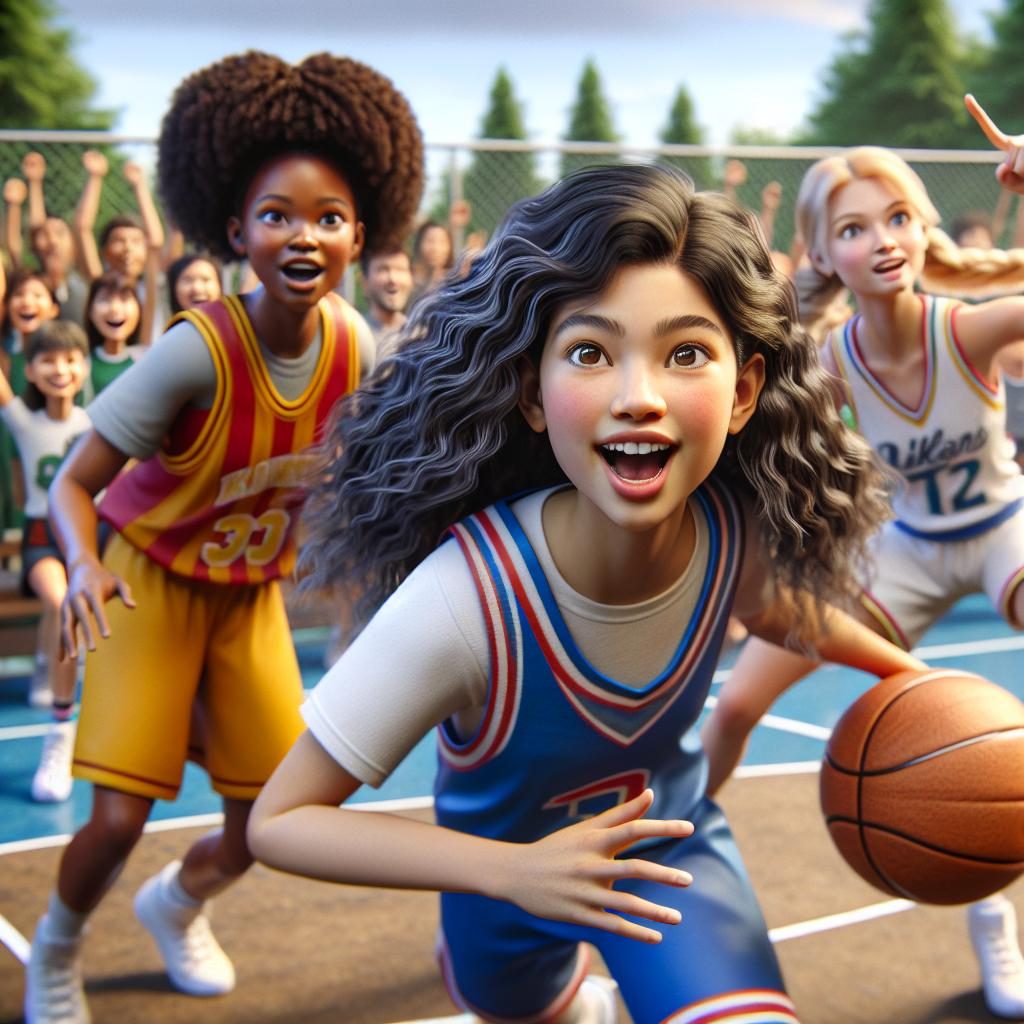 Excited girls playing basketball
