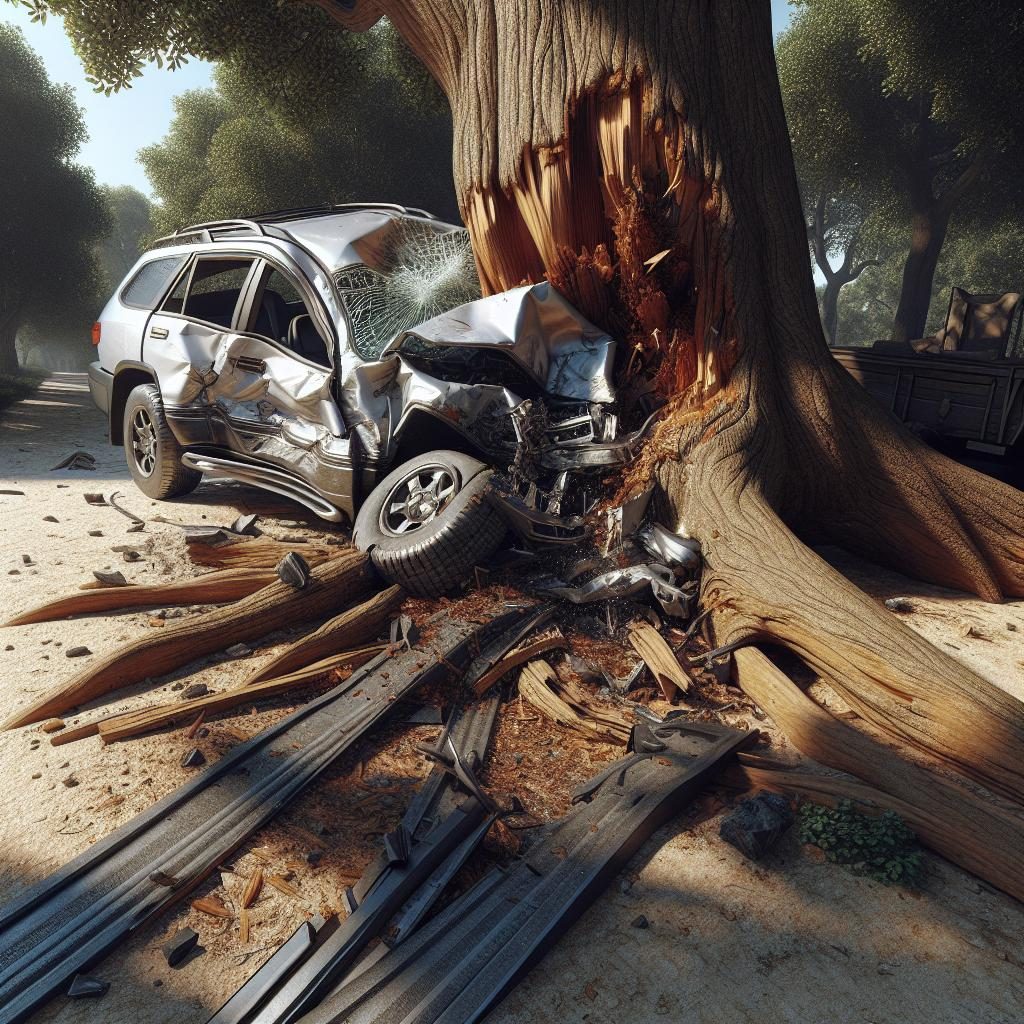 Crashed car against tree