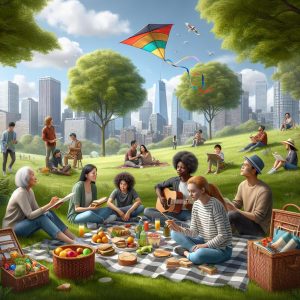 Urban park picnic scene.
