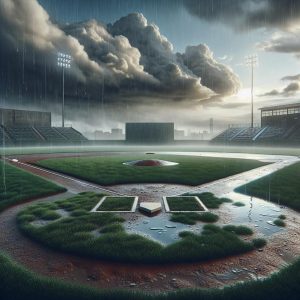 Rain-soaked baseball field portrait