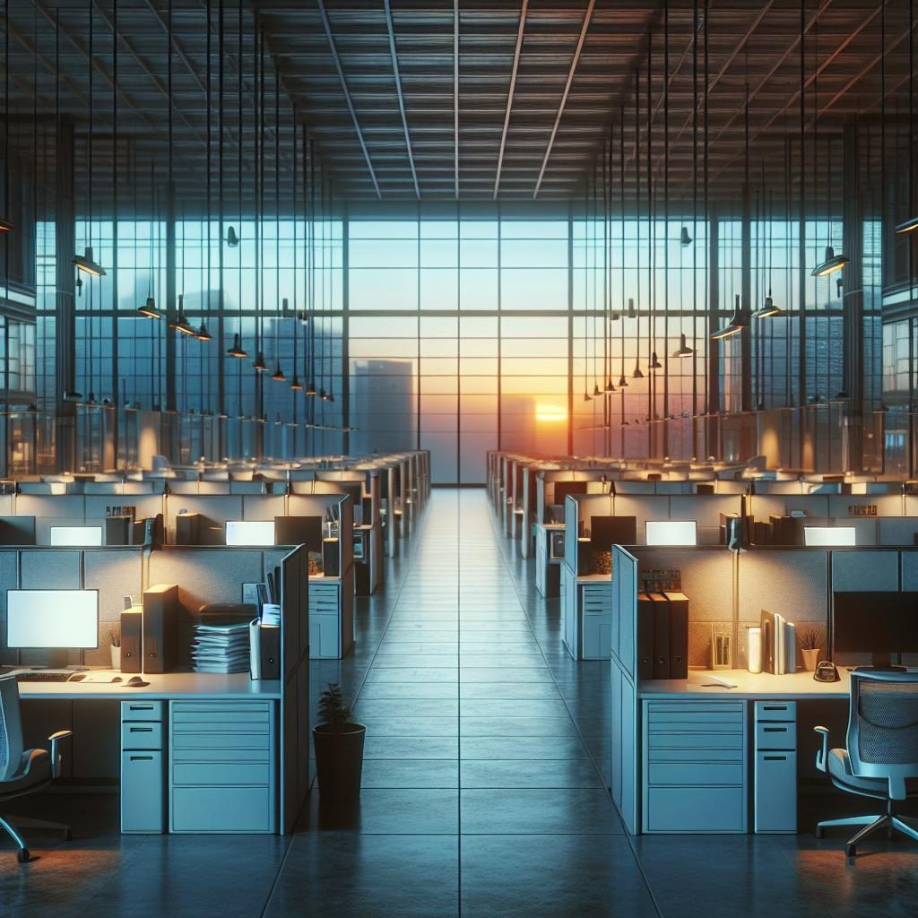Empty office cubicles at dusk