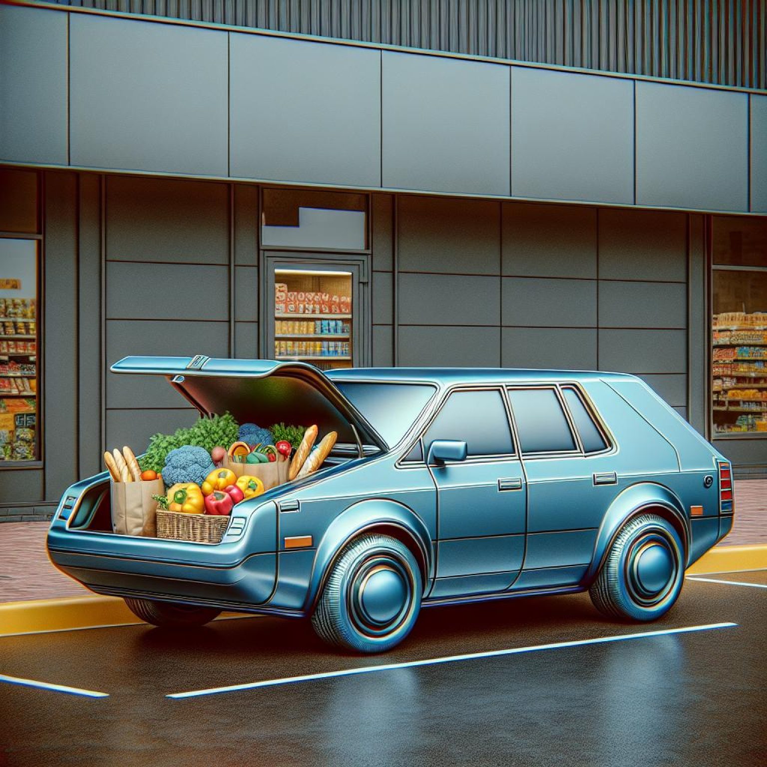 Stylized Subaru with groceries.