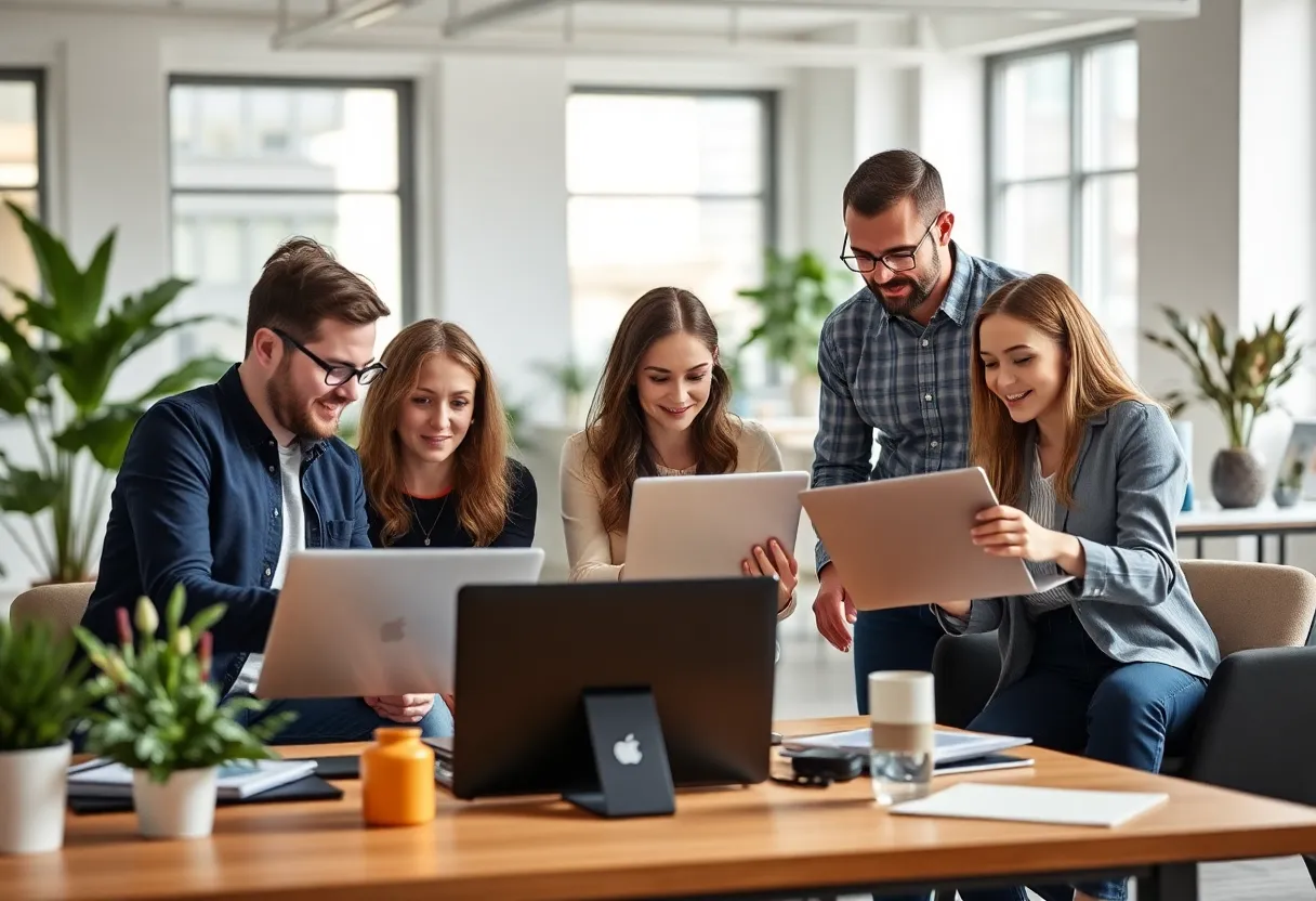 A diverse marketing team collaborating in an office environment.