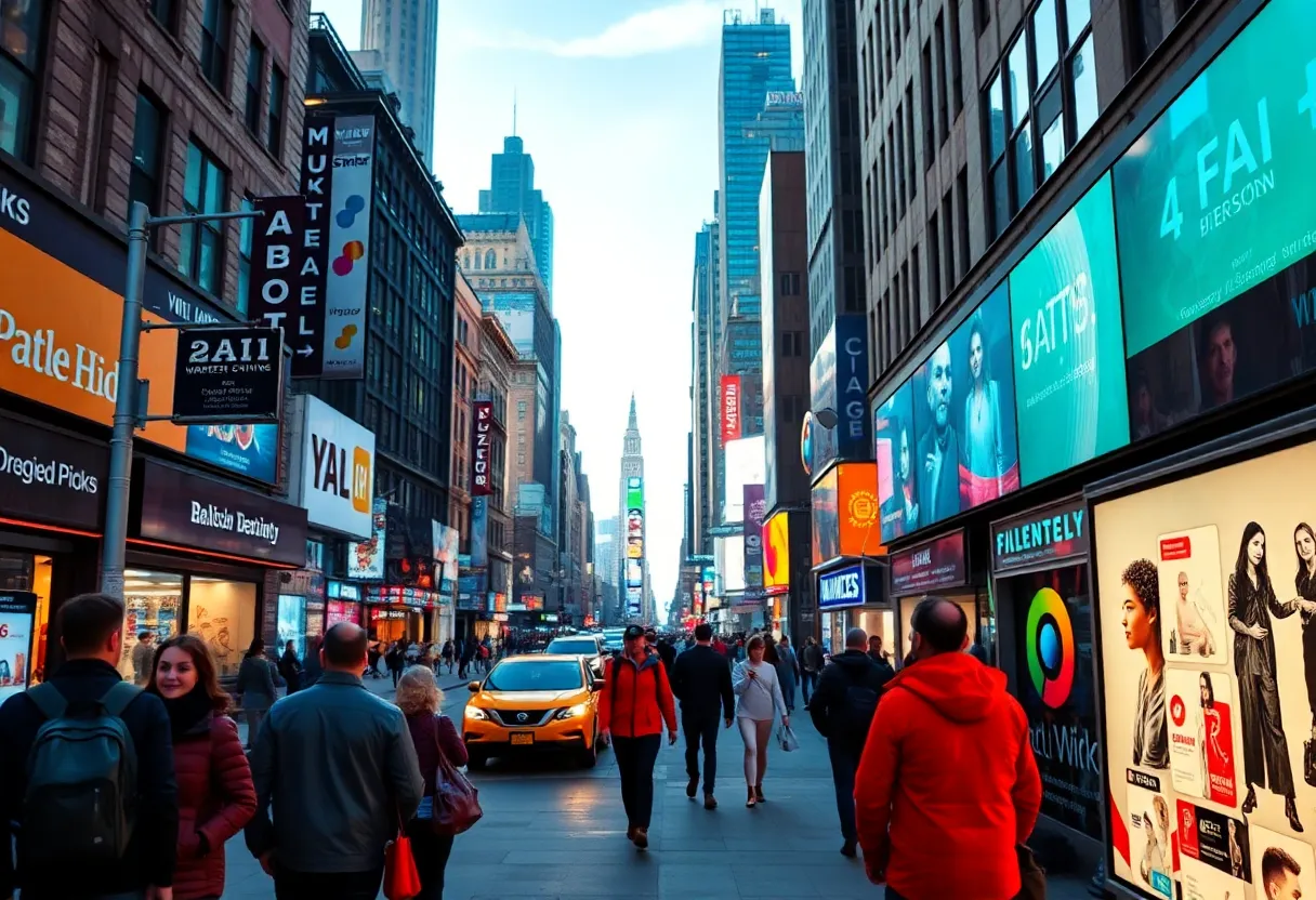 Futuristic marketing scene in New York City with AI integration