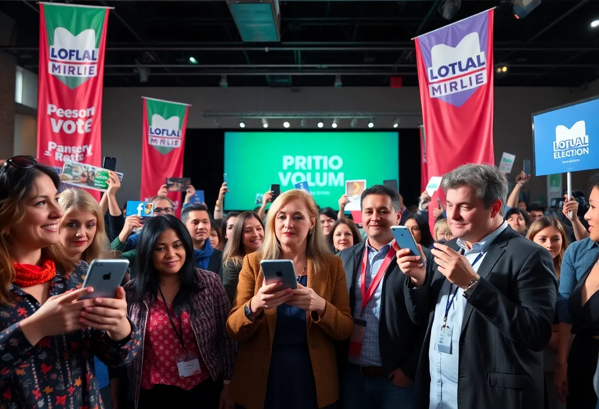 A lively 2024 campaign rally with diverse people and digital media elements.