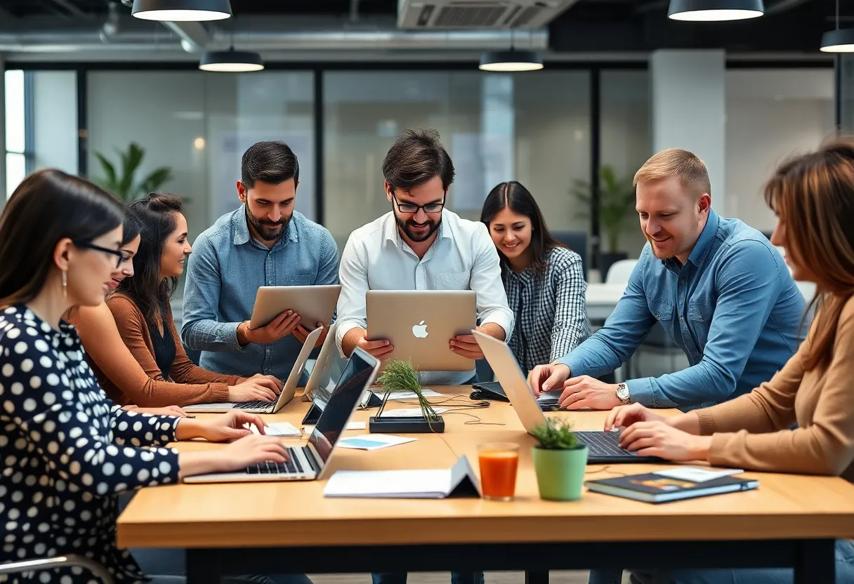 People collaborating in a modern office on digital marketing strategies