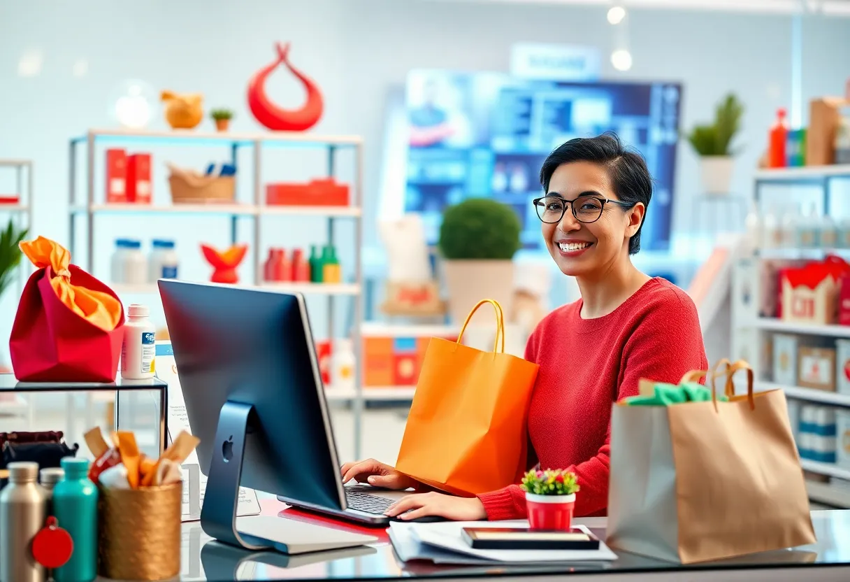 A happy shopper engaging in online shopping with diverse products displayed on the computer screen.