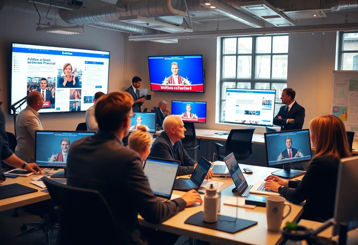 Busy marketing team in an agency discussing election marketing strategies.