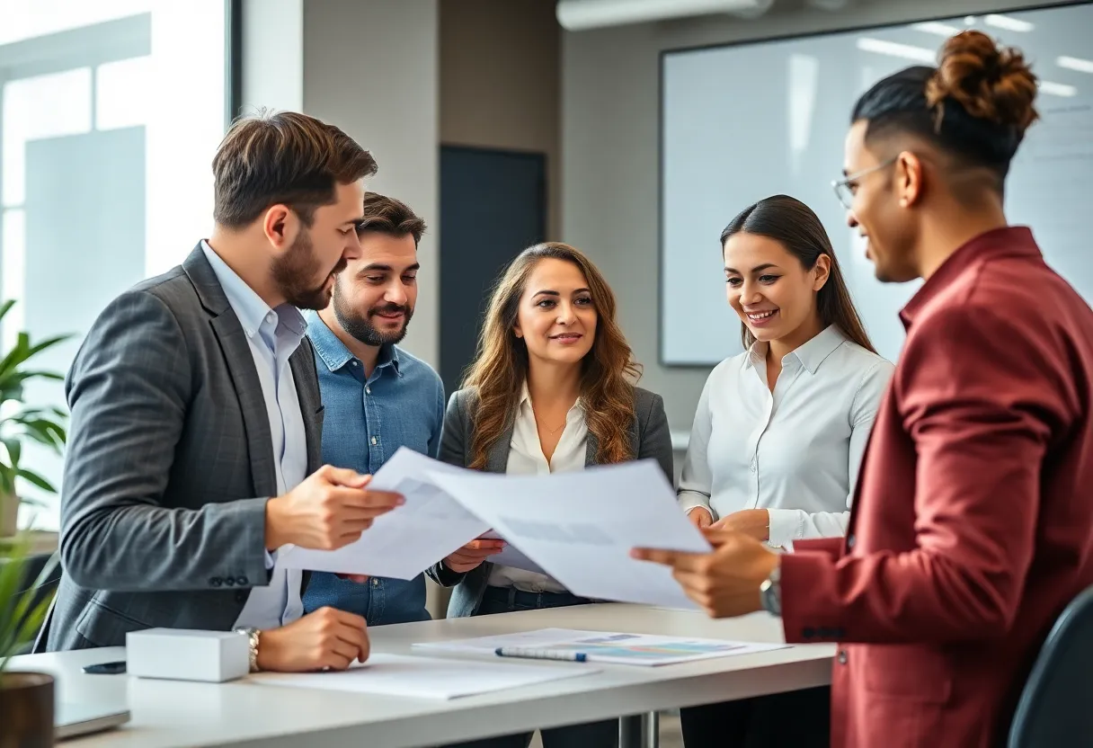 Marketing team discussing strategies for 2025 in a modern office