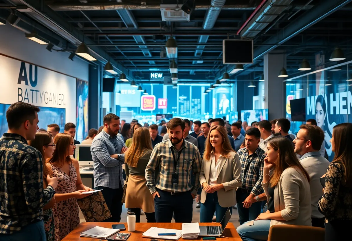 Professionals brainstorming TV advertising strategies in a vibrant Los Angeles agency.