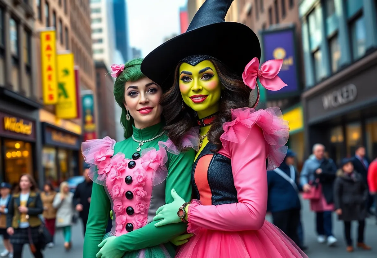 Promotional scene for Wicked movie with Elphaba and Glinda in NYC