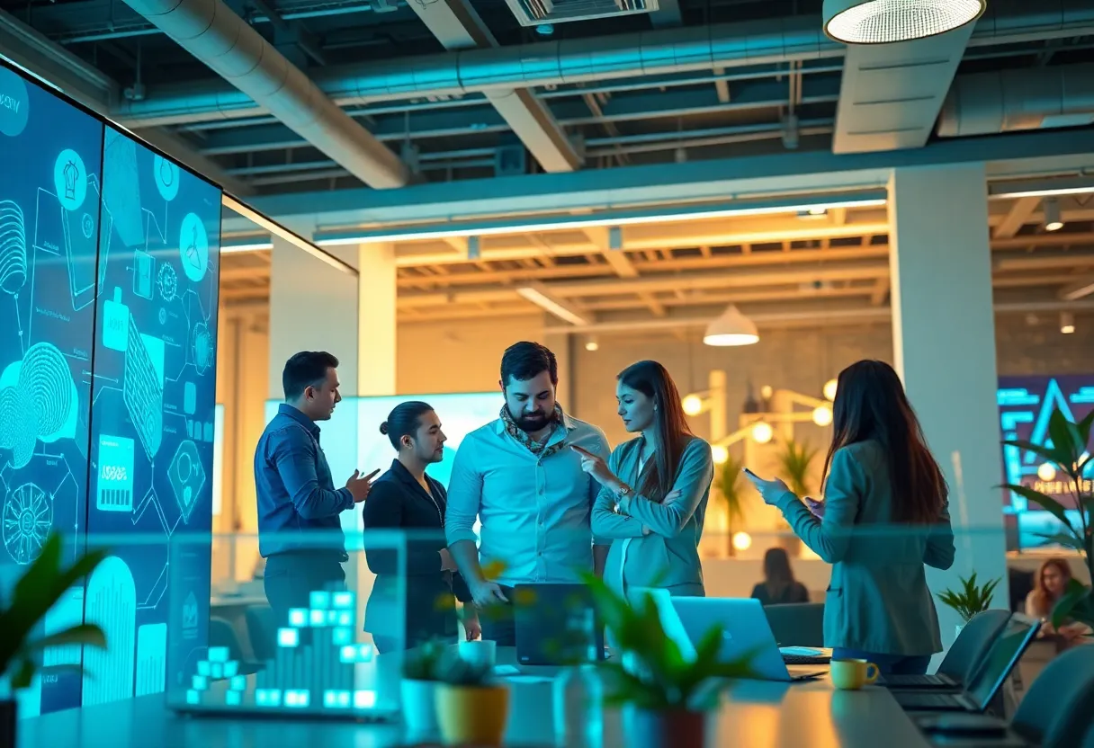 A diverse marketing team brainstorming innovative strategies for 2025 in an office environment.