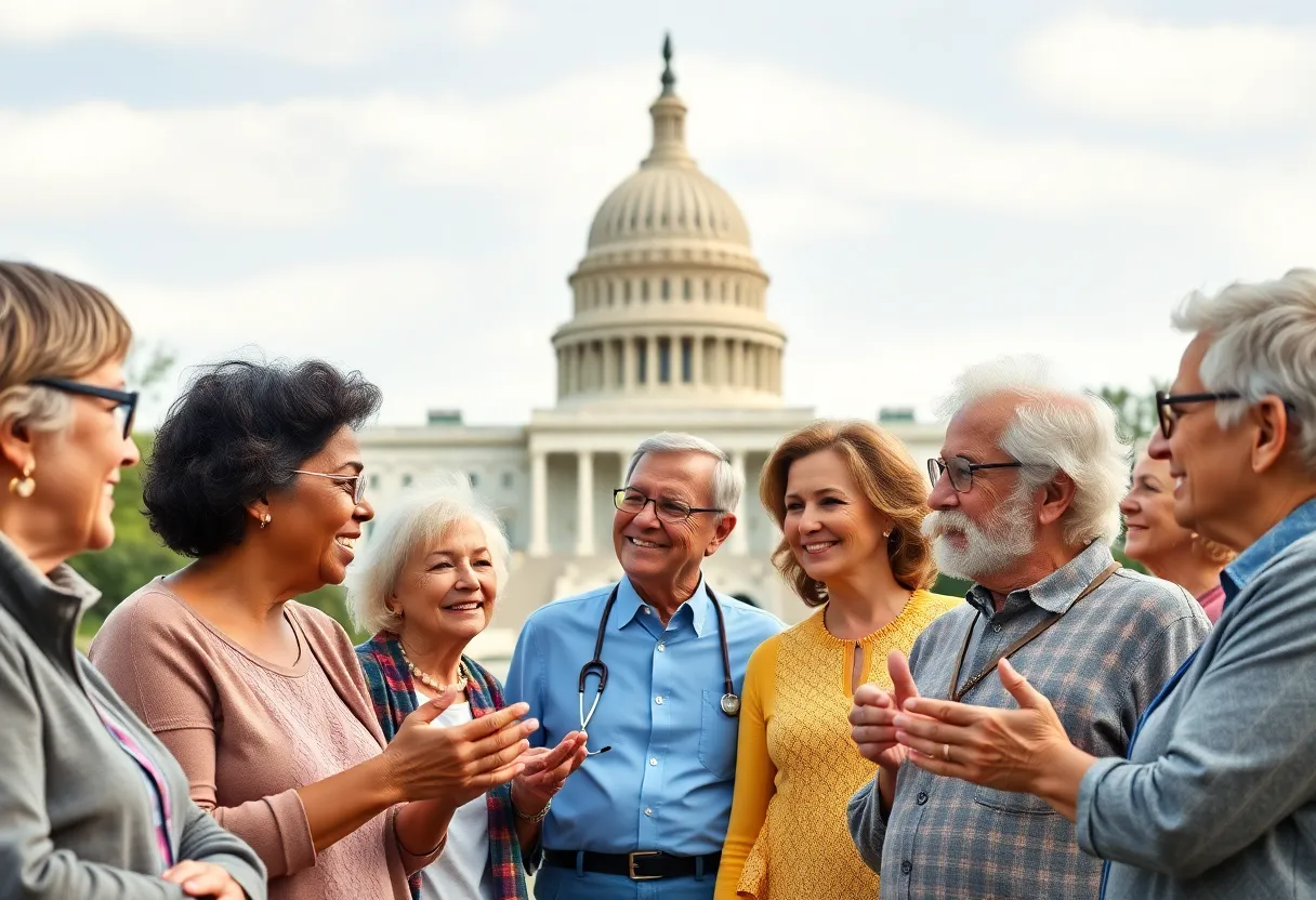 Diverse seniors discussing healthcare with a view of the Capitol