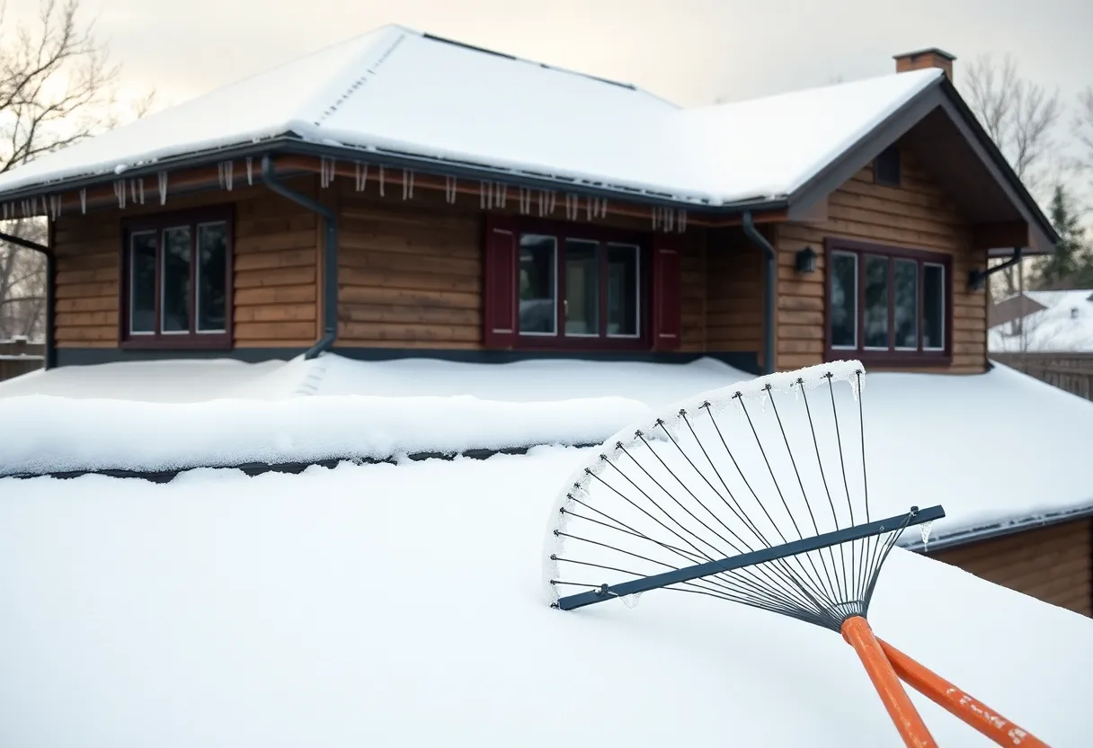 A house with roof ice dams, depicting snow accumulation and winter landscape.