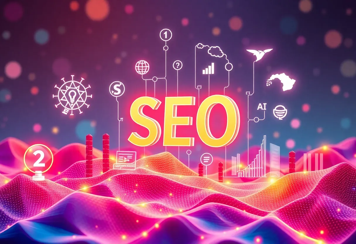 Digital landscape depicting SEO trends for 2025 with AI and social media elements.