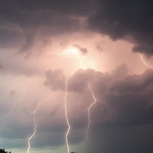 Dark storm clouds over Charlotte with rain and lightning