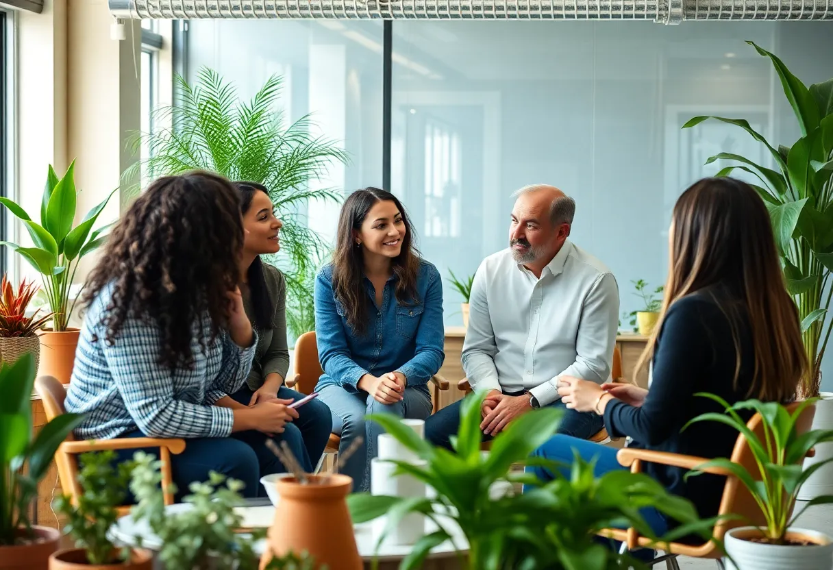 Marketers discussing sustainability in the office