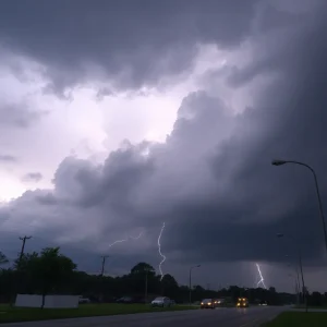 Dark clouds and lightning over Easley, SC during a thunderstorm.