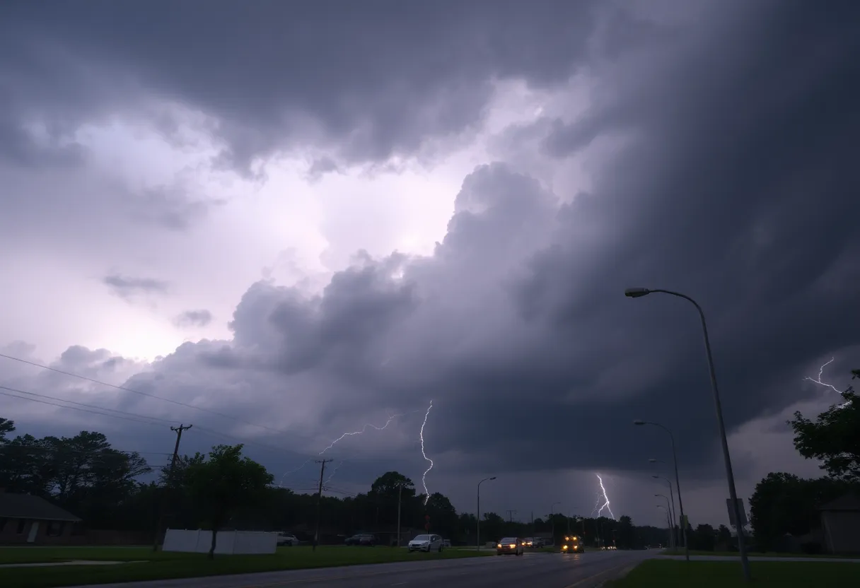 Dark clouds and lightning over Easley, SC during a thunderstorm.