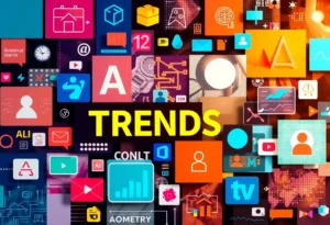 A collage of digital marketing elements representing advertising trends for 2025.