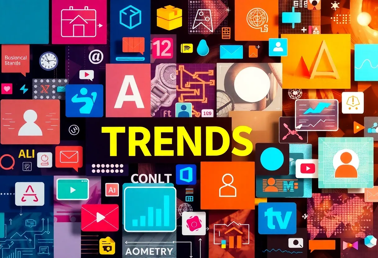 A collage of digital marketing elements representing advertising trends for 2025.