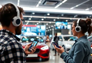 Futuristic car dealership with advanced technology