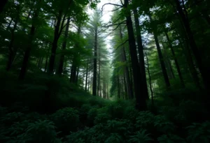 A mysterious wooded area in South Carolina, symbolizing a Bigfoot sighting.