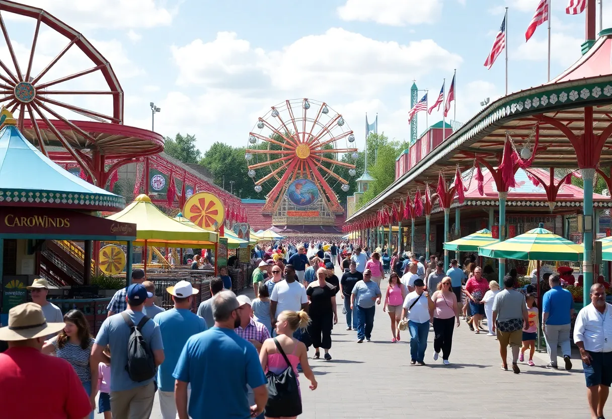 Visitors enjoying rides at Carowinds amusement park