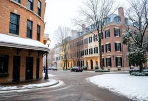 Snowy landscape in Charleston with light snowfall
