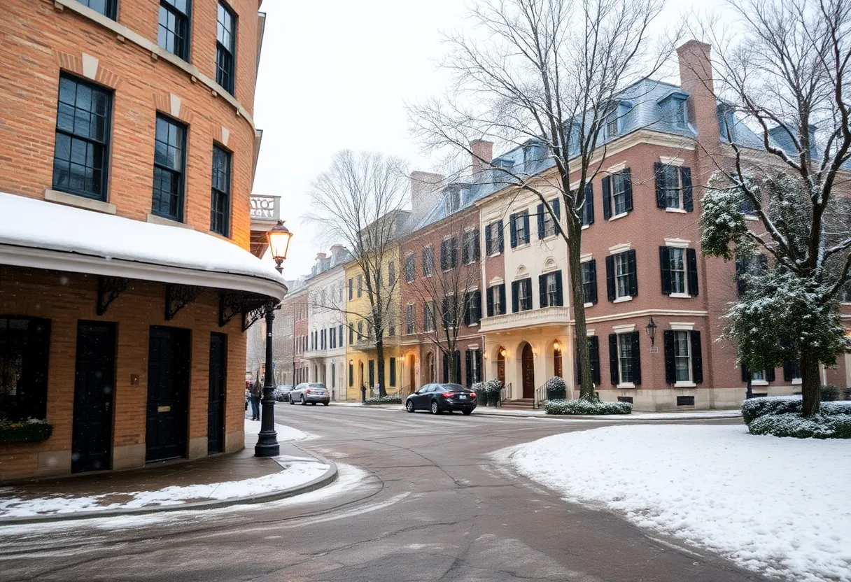 Snowy landscape in Charleston with light snowfall