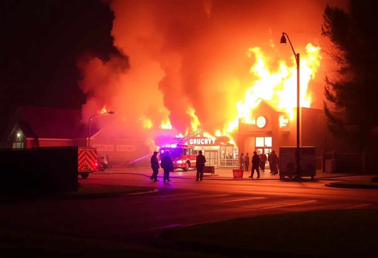 Firefighters responding to a blazing grocery store with heavy smoke.