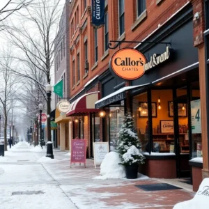 Snow-covered Charlotte street with people in winter gear