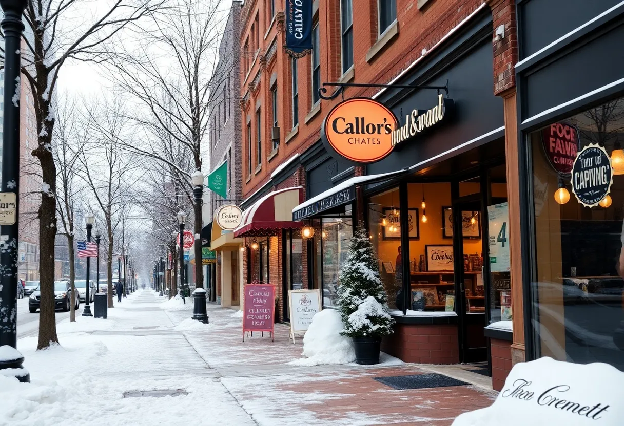 Snow-covered Charlotte street with people in winter gear