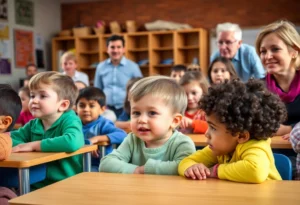 Children in a classroom focused on education and safety.
