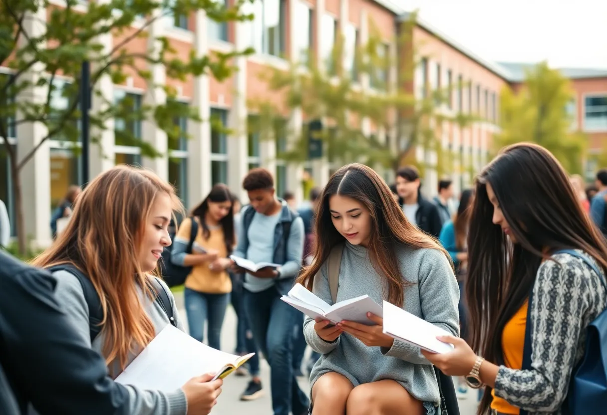 Clinton College campus scene with diverse students engaged in study