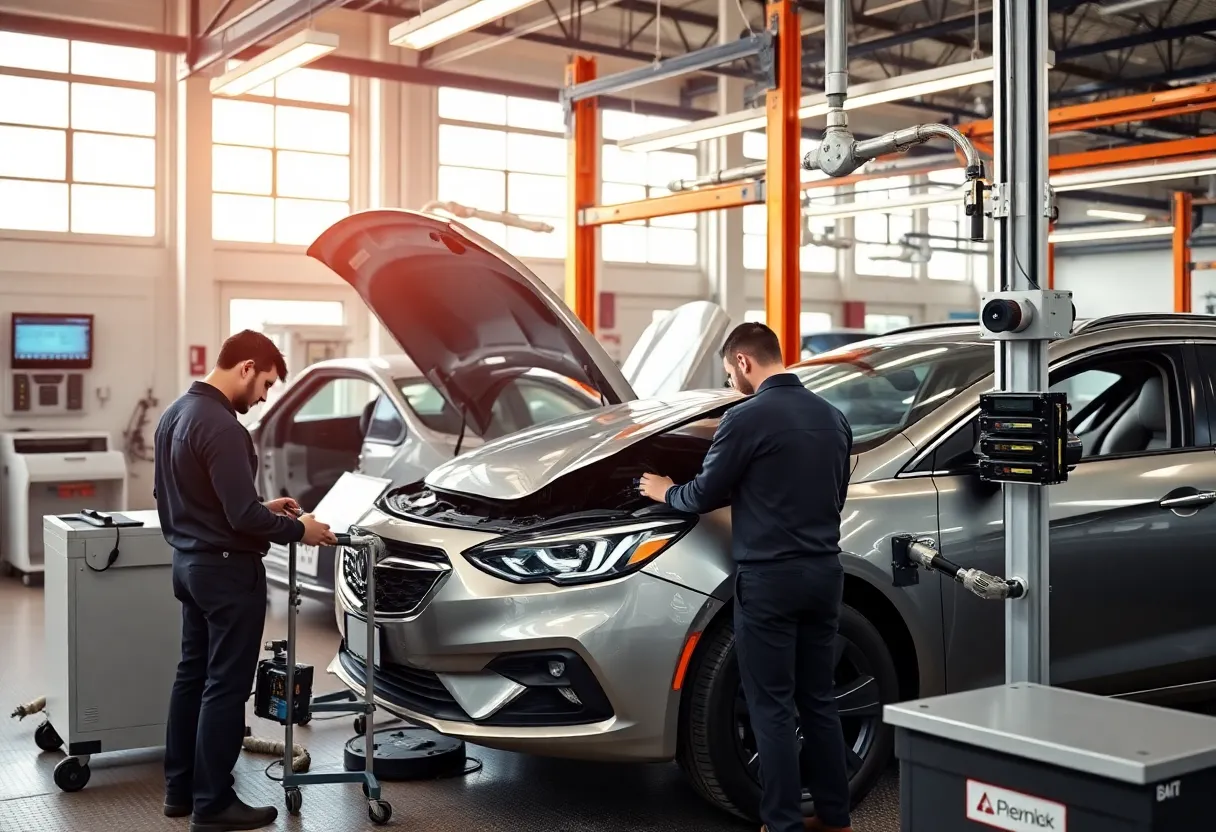 Advanced collision repair technology and technicians at work