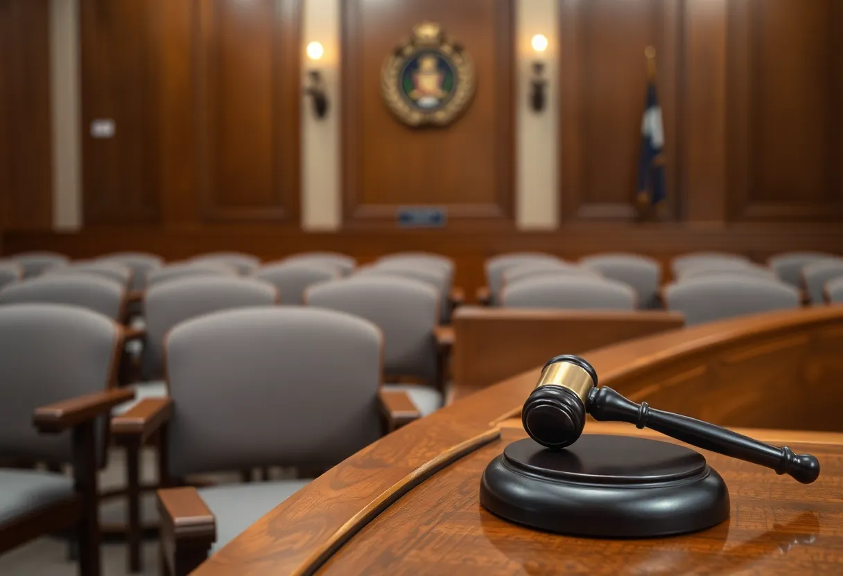 A courtroom with empty chairs and a gavel, symbolizing the emotional toll of caregiving.