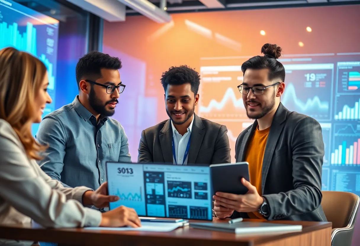A team discussing customer experience strategies in a modern office setting.