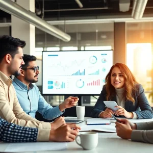 Marketers analyzing customer data in a modern office.
