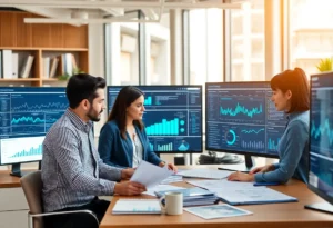 A marketing team analyzing customer data for personalized experiences in a modern office.