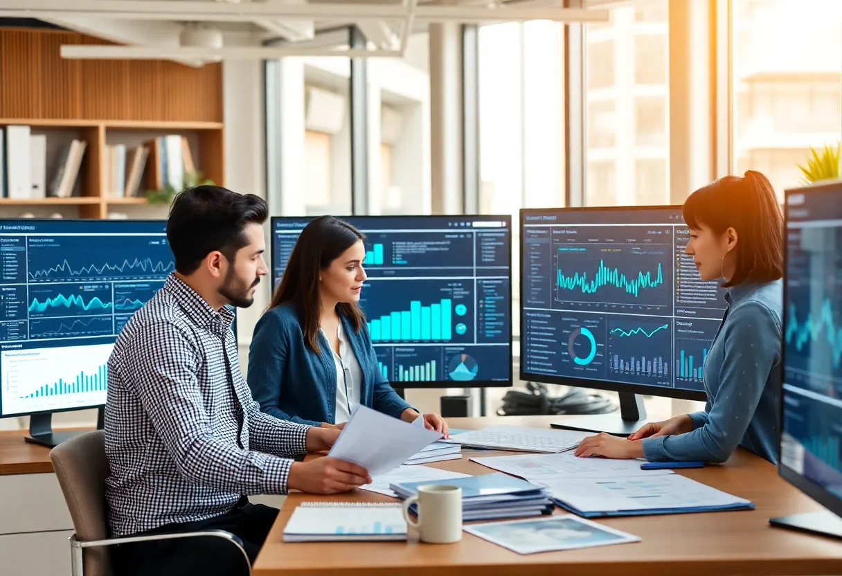 A marketing team analyzing customer data for personalized experiences in a modern office.