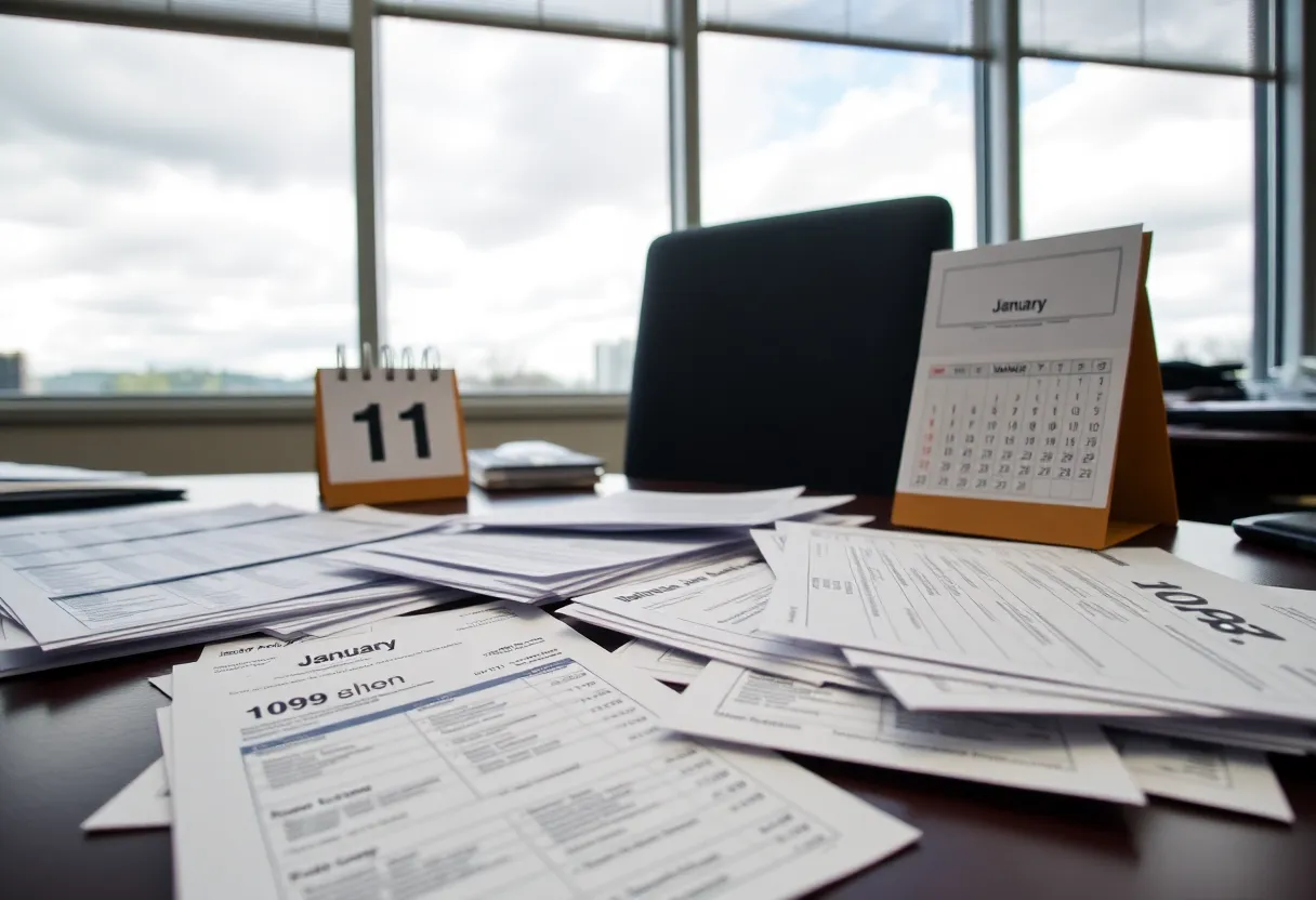 Office desk with 1099 and W-2 forms and a calendar marked January 31.