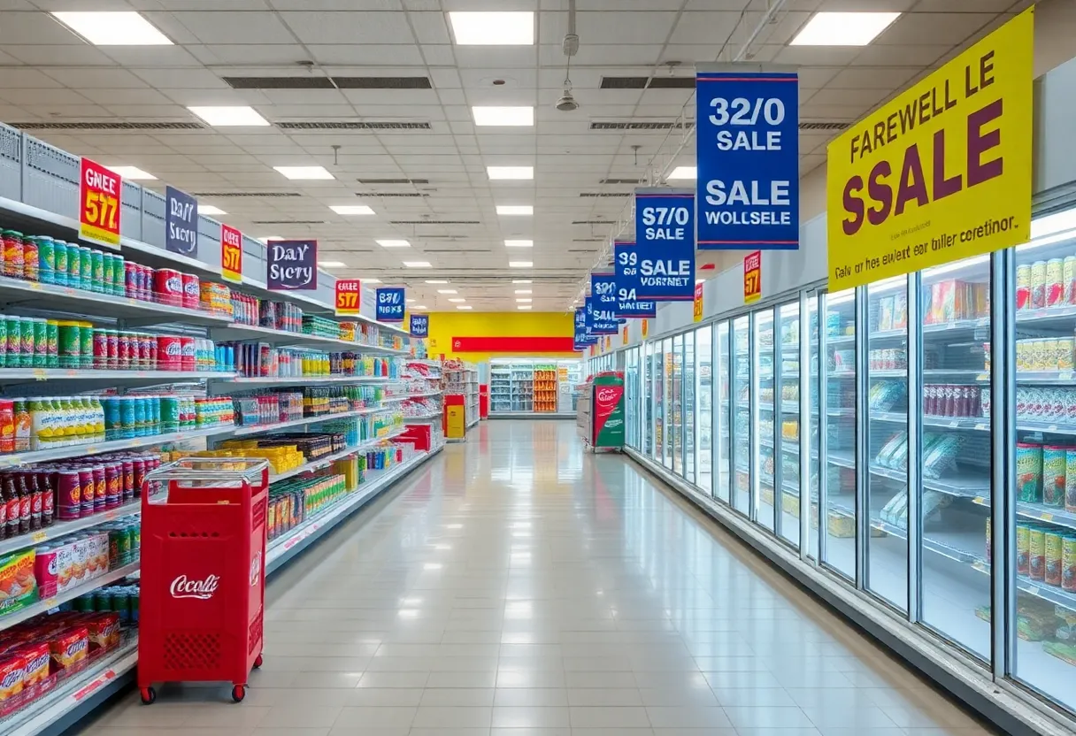 A grocery store aisle with sale signs indicating closure event.